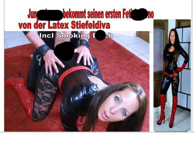 Jungschwanz bekommt seinen ersten Fetish Porno von der Latexdiva