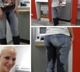 Jeans Piss vor Geldautomat in der Bank